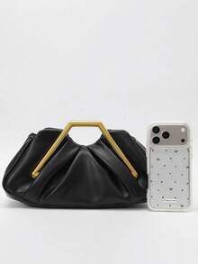 Light Luxury Ruched Clutch Bag With Geometric Metal Frame Handle, Natural Gathered Body With Smooth Fluid Silhouette, Compact Design For Carrying Personal Essentials, Suitable For Evening Parties And Dates, Creating An Elegant And Sophisticated Outfit Vibe - Black - View 7