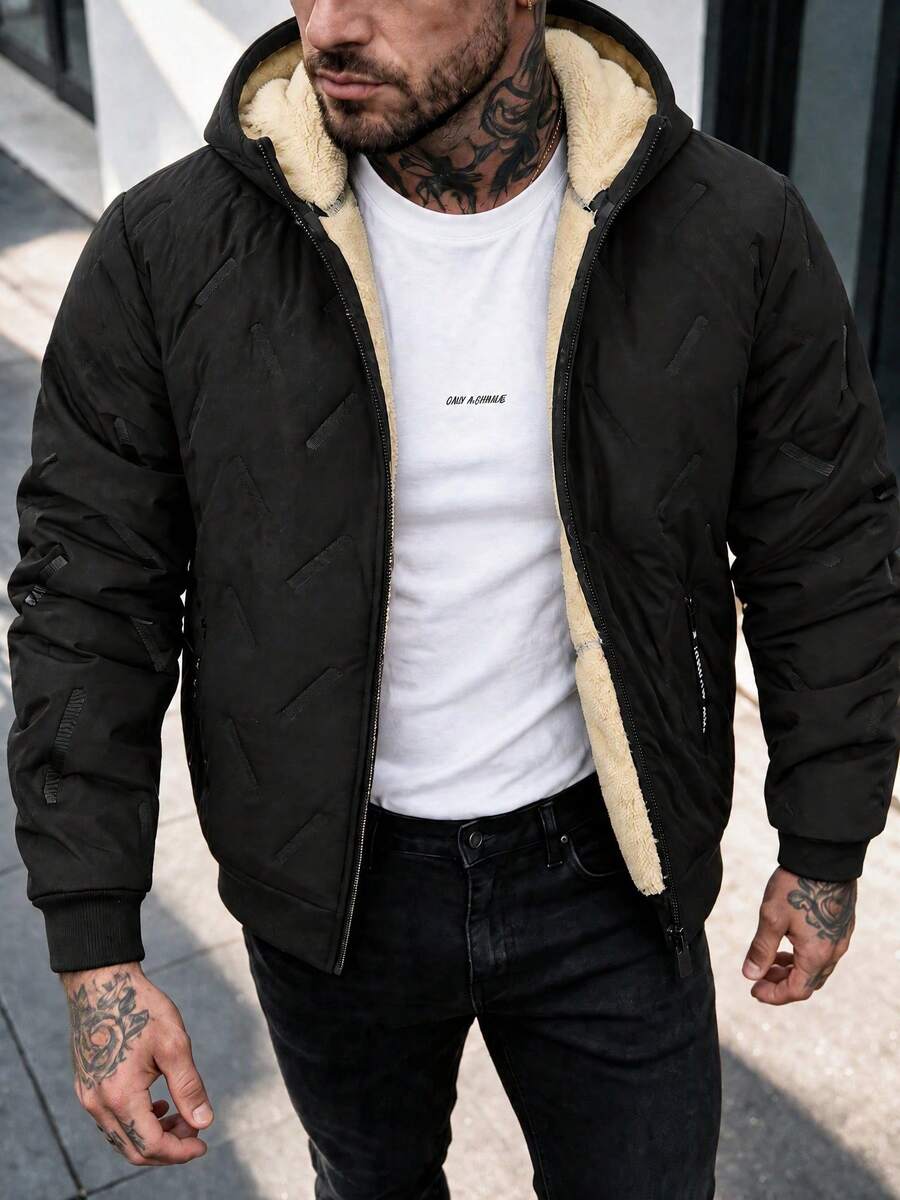 Autumn/Winter Men's Casual Minimalist Versatile Loose Fit Thermal Lined Hoodie Jacket - Black - View 1