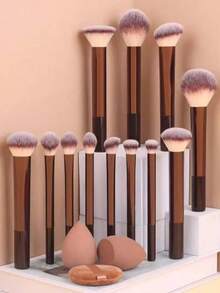 12pcs/Set Multi-Function Full Makeup Brush Set, Including Powder Brush, Blush Brush, Foundation Brush, Eyeshadow Brush, Blending Brush, Contour Brush + 1pc Round Head Brush - Brown - View 1