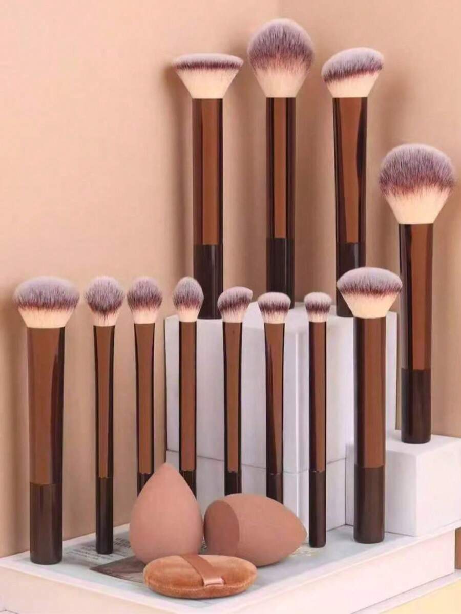 12pcs/Set Multi-Function Full Makeup Brush Set, Including Powder Brush, Blush Brush, Foundation Brush, Eyeshadow Brush, Blending Brush, Contour Brush + 1pc Round Head Brush - Brown - View 1