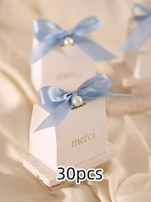10/30/50pcs Creative European Wedding Box, Gift Box With Ribbon And Pearls Birthday Party Favor - Baby Blue - View 7