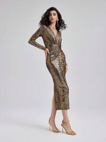 Rich Radi Q's Fashion Women's Woven Long Sleeve V-Neck Bodycon Dress, Gold Appearance Pleated Midi Length, Suitable For Formal Occasions - Gold - View 3