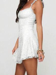 Elegant Fashion Ruffle Strap Bow Knot Lace Patchwork Sleeveless Fitted Mini Slip Dress White Summer Party - White - View 8