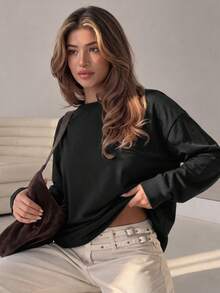 GLAMSKIN Women's Colorblock Striped Round Neck Long Sleeve T-Shirt, Minimalist Loose Fit Autumn Basic Style, Suitable For Daily Wear And Commuting - Black - View 1