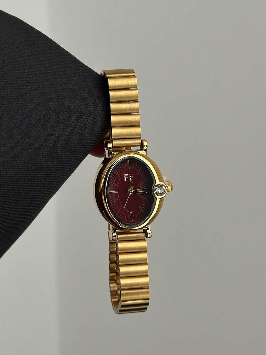 1pc Elegant Gold Oval Women's Quartz Watch, Rhinestone Bezel, Deep Red Dial, Suitable For Daily Wear - Gold - View 1