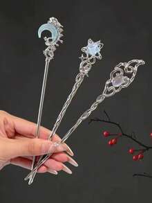 1/3pcs Women's Moonstone Star Hair Stick, Modern Minimalist Chinese Style Moon Hair Pin, Premium Feel Updo Hair Stick, Unique Head Accessory Suitable For Daily Wear - Multicolor - View 2