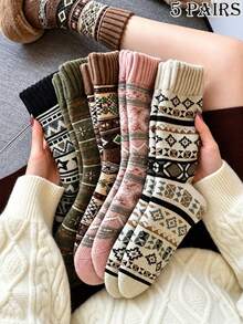 1/5 Pairs Random Women's Mid-Calf Socks, Multi-Color Diamond Snowflake Striped Print Ribbed Detail Comfortable Warm Vintage Preppy Style Socks Suitable For Christmas And Back To School Season Outfits - Multicolor - View 7