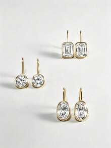 3 Pairs CZ Dangle Earrings Set 14K Gold Plated Copper Inlaid Cubic Zirconia Drop Earrings Minimalist Everyday Jewelry For Women - Multicolor - View 1