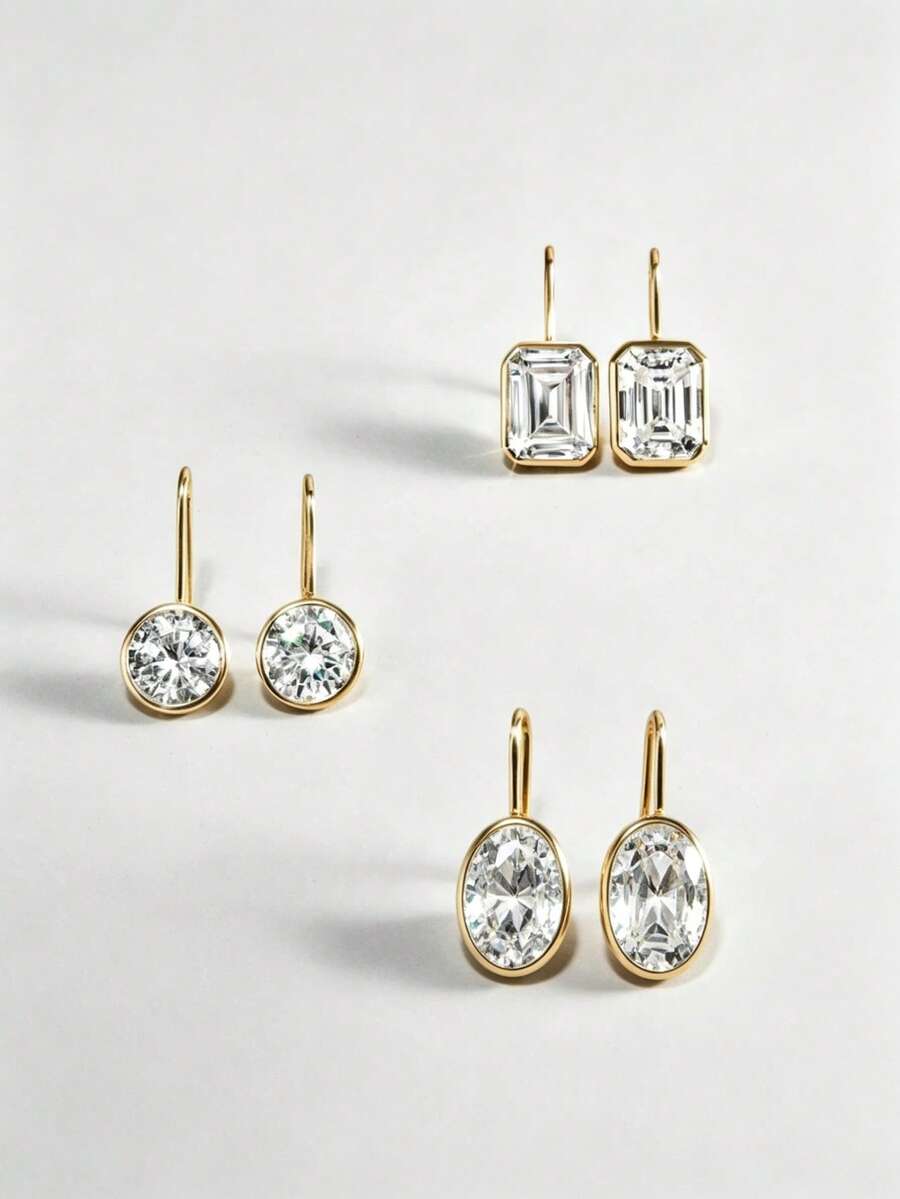 3 Pairs CZ Dangle Earrings Set 14K Gold Plated Copper Inlaid Cubic Zirconia Drop Earrings Minimalist Everyday Jewelry For Women - Multicolor - View 1