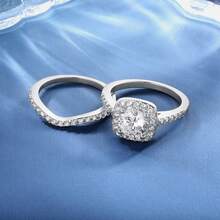 MDFUN White Gold‑Plated CZ Bridal Jewelry Set,2 Stackable Halo Rings+1 Pair Stud Earrings,Square/Round Design For Women Wedding Party - B-round Stud Earrings + Ring - View 5