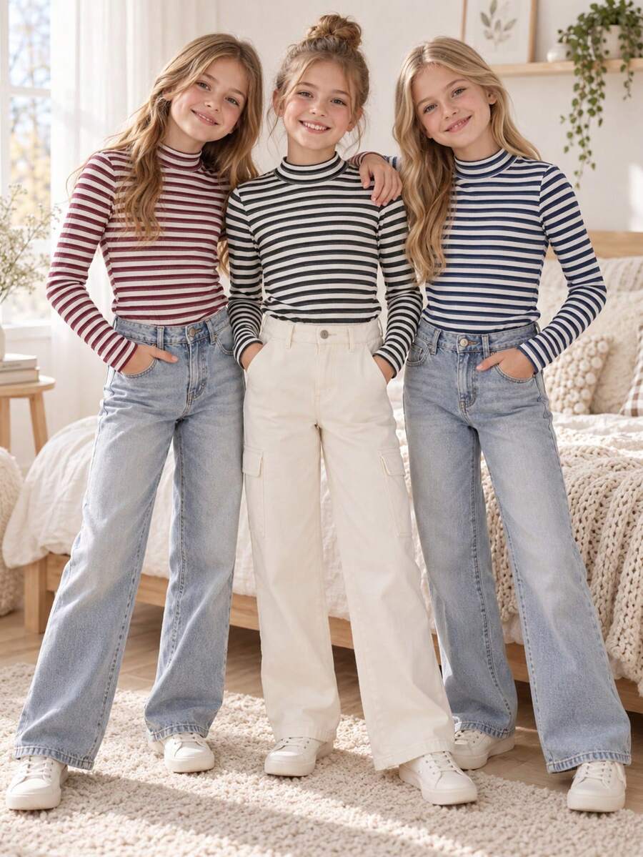 3pcs/Set Autumn/Winter Girls Fashion Casual Striped Colorblock Stand Collar Long Sleeve Base Layer Tops - Multicolor - View 1