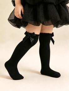 1 Pair Baby Socks With Ruffle And Large Bow, Dress Socks For Girls, Student Princess Long Tube Loose Cuff Socks - Black - View 2