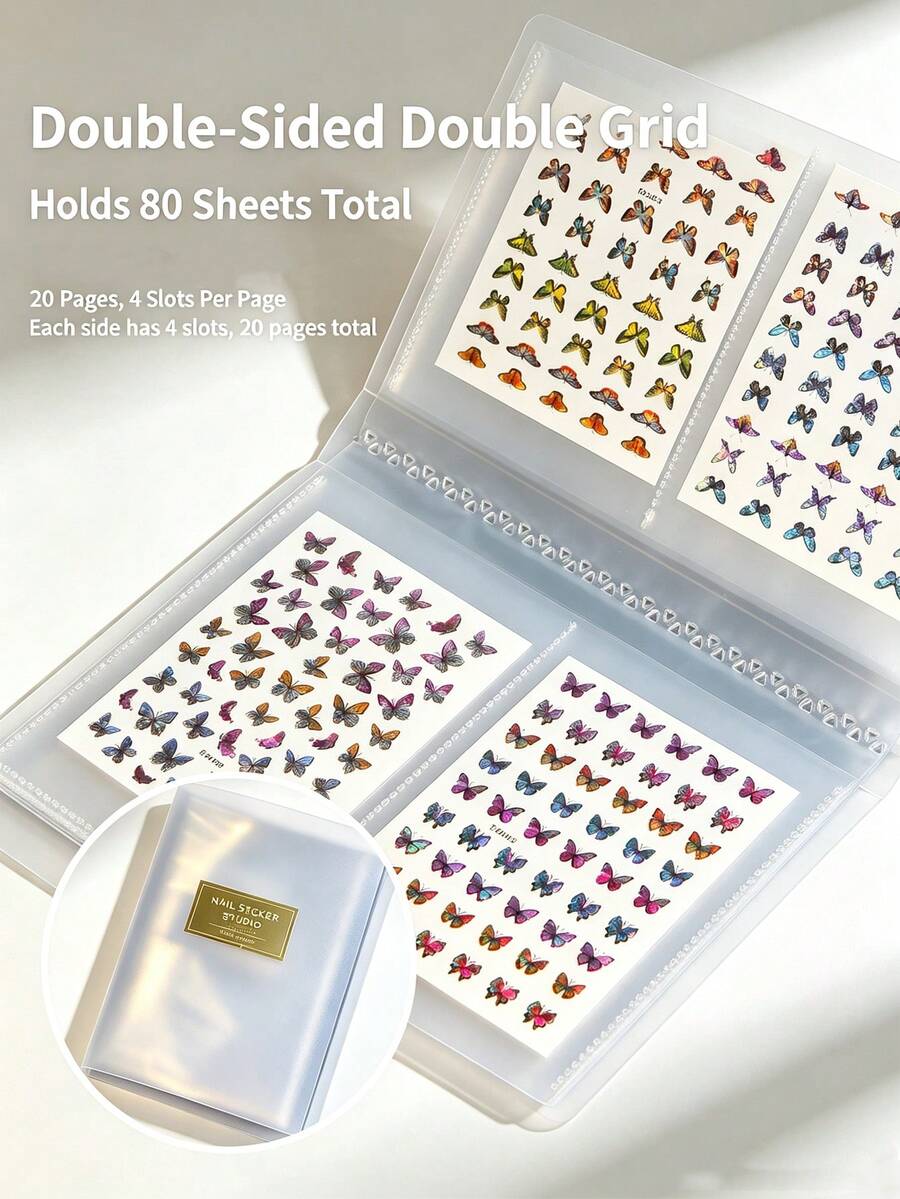 1 cuốn sổ lưu trữ sticker nail art trong suốt, 20 trang, 80 ngăn, hai mặt, ngăn đôi, hộp đựng phụ kiện nail art, phù hợp cho làm nail DIY tại nhà và tiệm nail chuyên nghiệp - Trong sáng - Xem 1