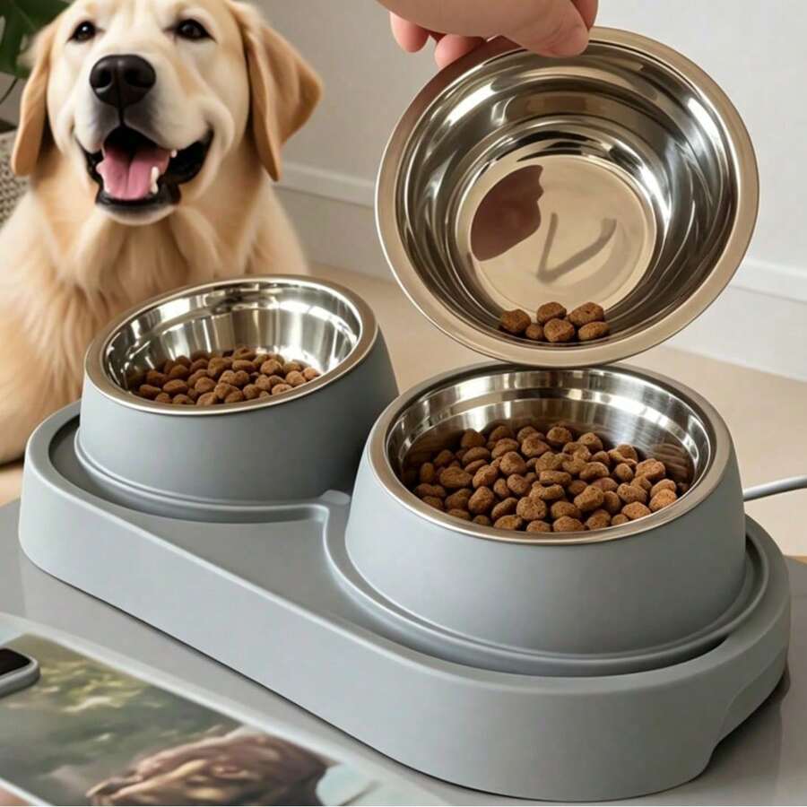 Double-Layer Pet Water Bowl, Cat And Dog Food Bowl, Two-In-One Stainless Steel Bowl, Anti-Tipping, Detachable For Easy Cleaning, Space-Saving Double-Layer Feeding Station, Suitable For Medium-Sized Pets, Sturdy Base And Rims, Stylish And Hygienic Pet Feeder.