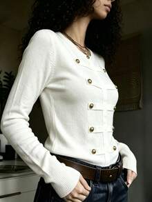 Women's Knitted Pullover Sweater, Autumn/Winter Knit Top With Double-Row Metal Buttons, Elegant Round Neck, Comfortable Minimalist Design With Multiple Vintage Gold Metal Buttons, Sophisticated And Refined, Clean And Versatile, Suitable For Commuting, Daily Wear, And Dating - White - View 5