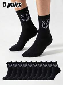 5 Pairs Men's Mid-Calf Socks, Black Printed Pattern, Street Dark Style, Comfortable And Versatile - Multicolor - View 7