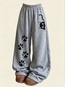 Lurzo Tween Girls' Fashion Cute Cat & Star Print Casual Pants, Light Gray Casual Sports Back-To-School Pants, Suitable For Spring, Summer, Autumn And Winter Wear - Grey - View 2