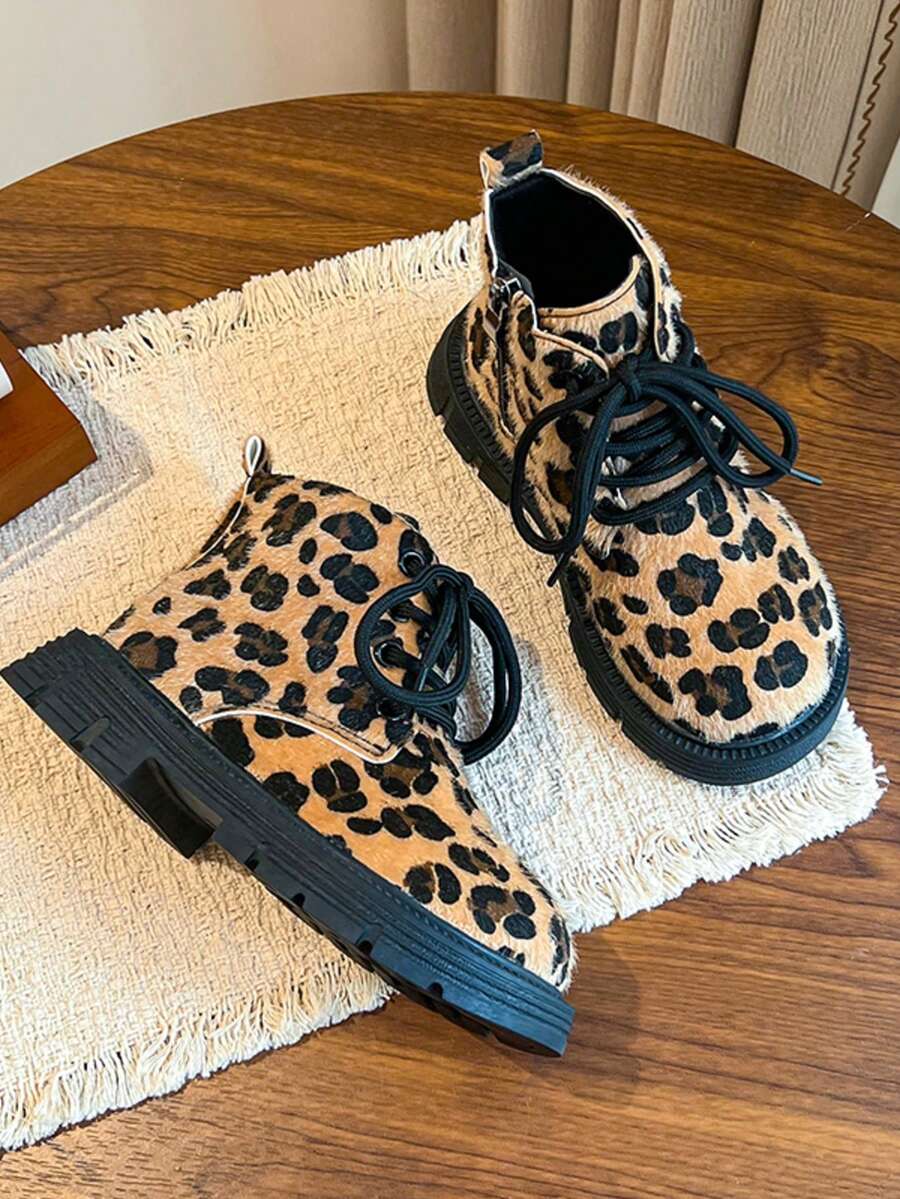 Autumn/Winter Kids' Leopard Print Boots, Personalized Thick Sole Durable Side Zipper Casual Ankle Boots For Boys And Girls - Mustard Yellow - View 1