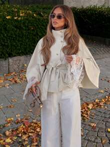 Elegant Fashion Stand Collar Tie Waist Cape Sleeve Elegant Commute Short Cape Jacket - Multicolor - View 7