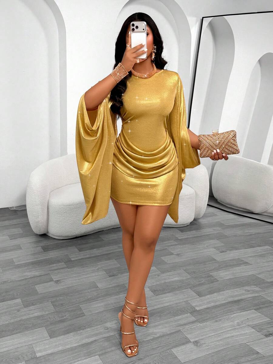 Aliling Gold Shiny Metallic Fabric Cape Sleeve Fitted Bodycon Mini Dress, Front Draped Pleated Short Dress, Autumn Party, Nightclub, Club, Evening Wear, Dinner Outfits - Gold - View 1