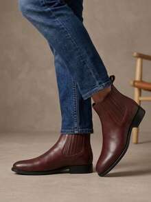 Botines Chelsea de piel genuina para hombre, Botines de piel genuina con estilo elegante y versátil para ocasiones formales o informales, hechos con piel de alta calidad - Vino - Ver 2