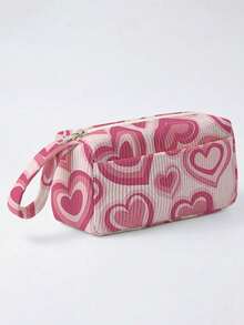 1pc Pink Love Print Corduroy Foldable Pencil Case With Side Pocket & Handle, Multi-Use Bag For School & Travel Essentials - Rose Red - View 4