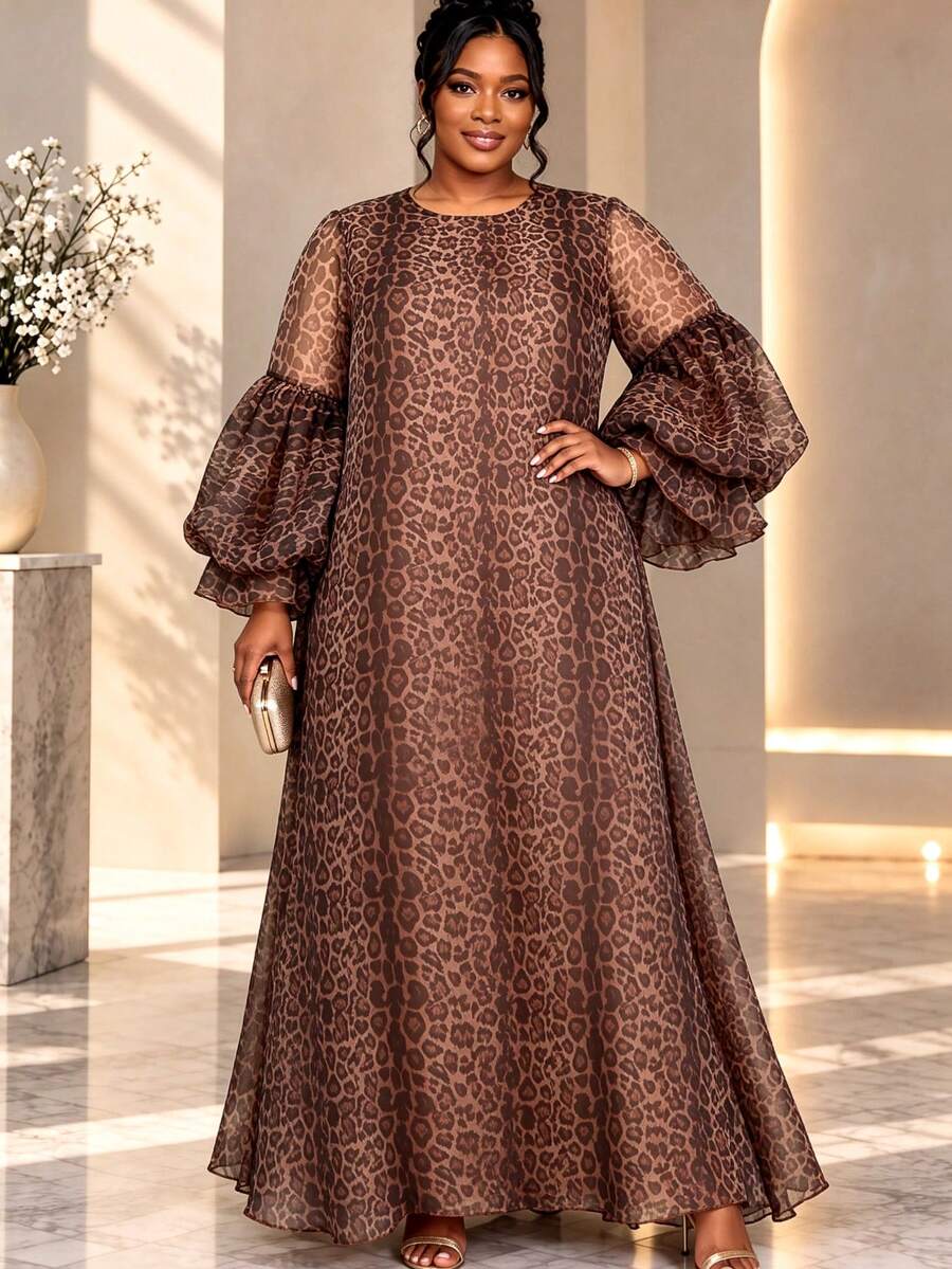 Plus Size Elegant Leopard Print A-Line Dress, Round Neck Puff Sleeve, Loose Flowy Dress, Suitable For Church, Vacation, Formal Occasions - Brown - View 1