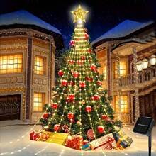 Christmas Outdoor Night Scene Decorative Lights, Solar Powered Christmas Tree Star Waterfall Lights. Top Features Exquisite Five-Pointed Star Light Head, 2M Specification, 9 Strands Of Light Lines With 198 LED Beads, Warm, Colorful, White Three Light Colors Available. Light Lines Naturally Drape To Form Waterfall Style, Presents Complete Christmas Tree Shape After Hanging, Excellent Atmosphere. - Christmas Tree Star Waterfall Lights - View 3