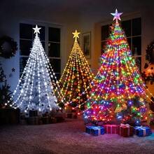 Christmas Outdoor Night Scene Decorative Lights, Solar Powered Christmas Tree Star Waterfall Lights. Top Features Exquisite Five-Pointed Star Light Head, 2M Specification, 9 Strands Of Light Lines With 198 LED Beads, Warm, Colorful, White Three Light Colors Available. Light Lines Naturally Drape To Form Waterfall Style, Presents Complete Christmas Tree Shape After Hanging, Excellent Atmosphere. - Christmas Tree Star Waterfall Lights - View 9