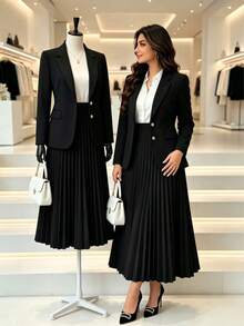 Plus Size Elegant Black Skirt Suit Set, With Lapel Blazer And Pleated Skirt For Women - Black - View 4