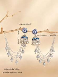 優雅水鑽金色 Jhumka 耳環附流蘇髮鏈，傳統中東大耳環，適合婚禮珠寶或派對穿著 - 花朵款吊墜耳環 - 查看 9