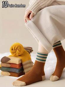 1/10 Pairs Randomly Assorted Unisex Thick Warm Contrast Color Socks, Casual Retro Patchwork Socks, Suitable For Autumn/Winter, Home/Sports Multi-Functional Warm Socks, Holiday Gift Socks, Christmas, Halloween - Multicolor - View 9