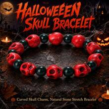 1pc Halloween Dark Style Bracelet, Cracked Red Turquoise Skull With Dark Green Round Beads, Stretchable Elastic Bracelet, Holiday Decoration Small Gift - Multicolor - View 1
