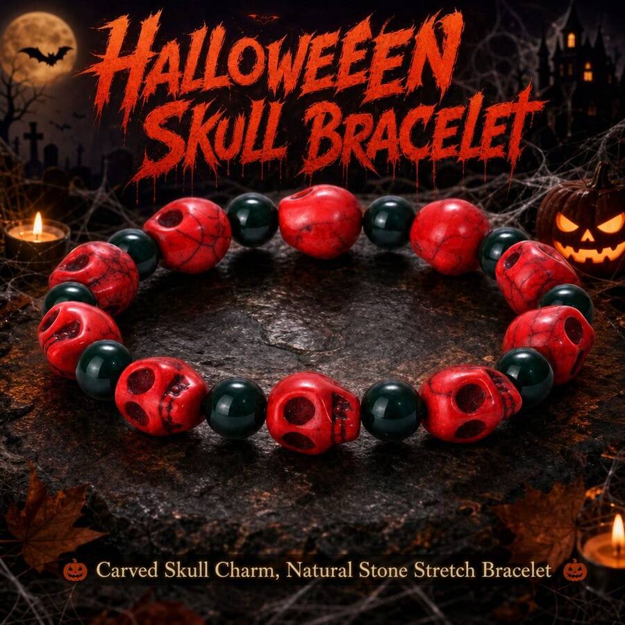 1pc Halloween Dark Style Bracelet, Cracked Red Turquoise Skull With Dark Green Round Beads, Stretchable Elastic Bracelet, Holiday Decoration Small Gift - Multicolor - View 1
