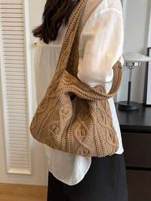Women's Tote Bag/Handbag, Back To School Crochet Woven Bag, Large Women's Handbag, Women's Knitted Shoulder Bag, Crochet Woven Bag, Girls' Crochet Woven Bag, Summer Beach Tote Bag, Large Capacity Student Summer Tote Bag, Women's Beach Sand-Proof Knitted Shoulder Bag, Vintage Hollow Out Supermarket Shopping Handbag. Christmas, Halloween, Mother's Day Gift. - Camel - View 8