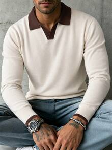 Men's Autumn/Winter Minimalist Solid Color Contrast Fashion Casual Turn-Down Collar Long Sleeve Sweater - Apricot - View 2