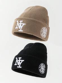 2件組中性時尚可變形NY Logo刺繡針織帽，適合秋冬日常保暖與旅行穿搭 - 2件裝-NY - 查看 15