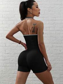 Women's Halter Square Neck Contrast Trim Seamless Fitness 2 Pieces Set, Backless Slim Fit Top + High Waist Butt Lifting Shorts, Soft Elastic, Suitable For Yoga Gym - Black - View 5