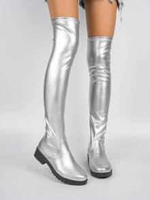 Perfect With Skirt 女款 2026 秋冬新款 方頭低跟百褶式套腳時尚彈性過膝靴 - 銀色 - 查看 3