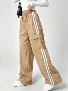 1pc Teen Girls' Casual Sports Side Stripe Pocket Wide Leg Pants, Spring Summer Autumn - Khaki - View 4