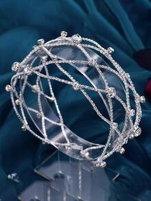 1Pc Elegant Rhinestone Mesh Hair Band Handmade Luxury Women Hair Accessory Bridal Headpiece For Wedding Party Prom - Silver - View 7
