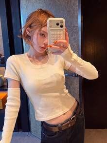 Sexy Sweet Girl Design Slimming Top Women's Atmosphere Patchwork Sleeve Cuff Button Knit Sweater Autumn New Slim Fit Sweater, Detachable Sleeve - Apricot - View 3