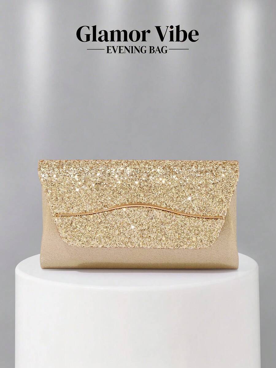 Women's Gold Glitter Clutch Bag, Wavy Metallic Decor Shiny Envelope Evening Bag, Party Wedding Ball Dinner Bag