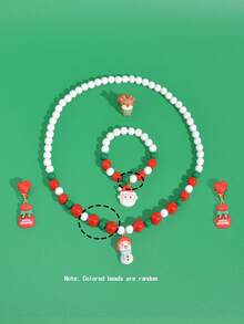 5pcs/Set Cute Santa Claus Reindeer Christmas Tree Hanging Decor Charm Beaded Necklace Bracelet Ring Ear Clips Children Jewelry Set Christmas Party Gift - Multicolor - View 6