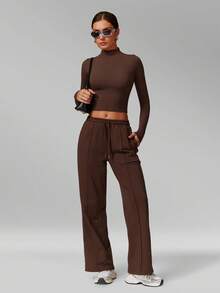 MFVIM Women's Autumn/Winter New Fitted Top + Wide Leg Pants 2-Piece Set, Versatile Soft Fabric - Coffee Brown - View 8