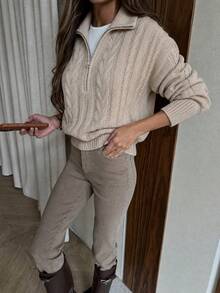 Autumn/Winter New Vintage Oversized Collar Double-Ended Zipper Twisted Knit Sweater, Loose Drop Shoulder Casual Pullover, Airport Commute Pullover - Khaki - View 3