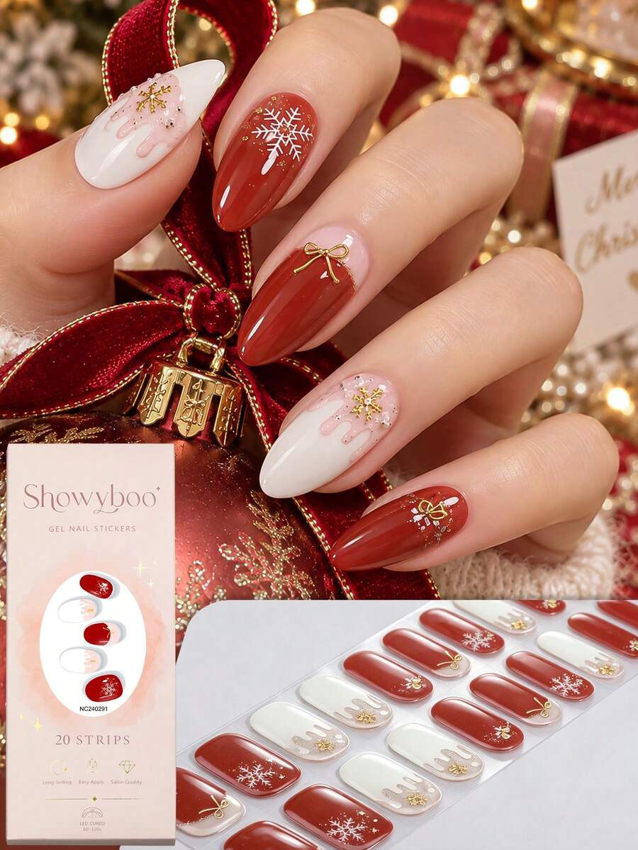 Showyboo Semi-Cured Gel Nail Strips, 20 Pieces, Glow In The Dark Christmas Snowflake Bow Nail Stickers, Luminous Party Festive Design Self-Adhesive Nail Decals For Christmas Night Parties, Rave Events & Holiday Gatherings - Red and White - View 1