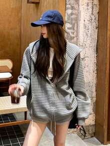 女款秋季美式復古寬鬆慵懶條紋長袖運動衫外套上衣 - 灰色 - 查看 3