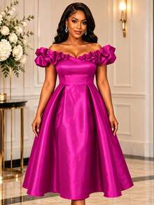 AOMEI Women's Princess Style Creamy Magenta Pleated Cold Shoulder 3D Ruffle A-Line Dress, Suitable For Birthday Parties And Proms - Hot Pink - View 5