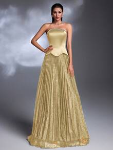 AMILUCK Women's Elegant Heavy Embellished Collar Handmade Beaded Strapless Ruffle 2-In-1 Pleated Accordion Lace Oversized A-Line Long Dress Wedding Autumn Formal Gown - Light Yellow - View 5